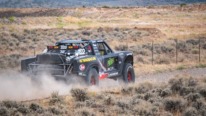 Unlimited Truck SPEC race vehicle number 222 at speed, Kyle Jergensen