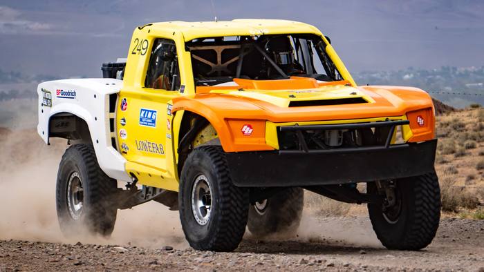 Unlimited Truck SPEC race vehicle number 249 at speed, Sam Berri